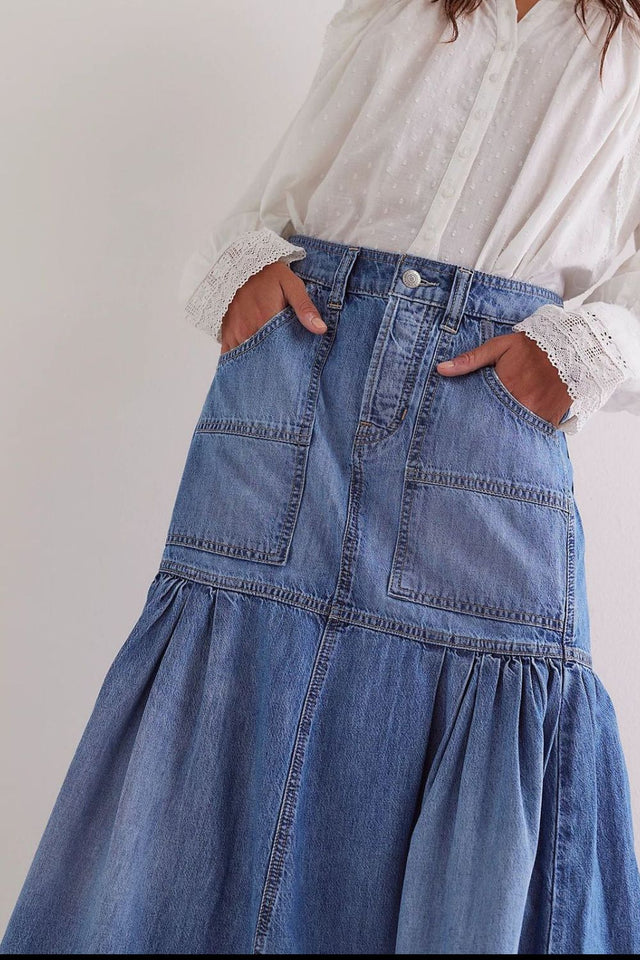 Midi Denim Skirt with Pockets | Hanalas