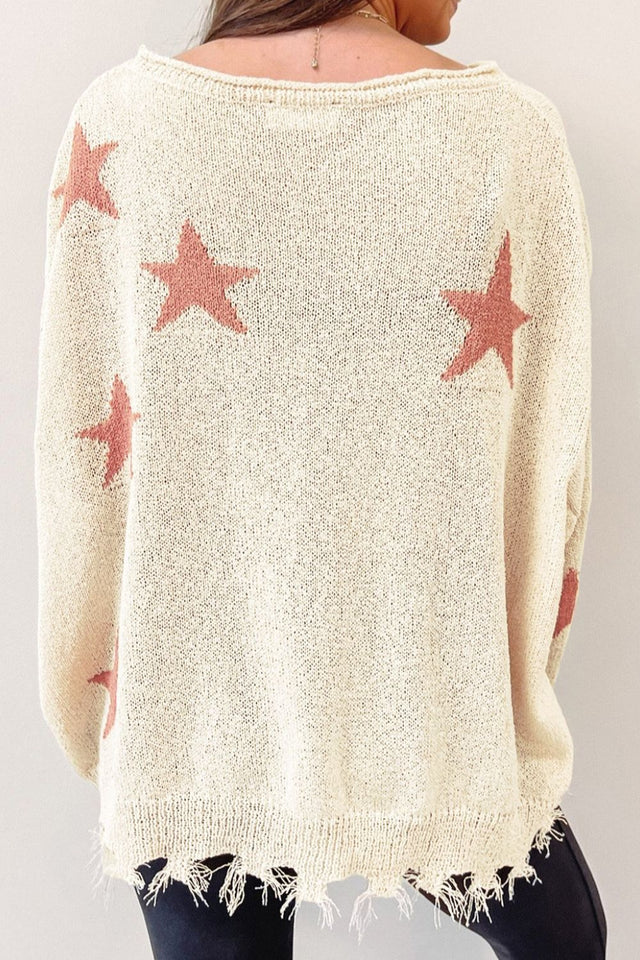 Contrast Star Raw Hem Long Sleeve Knit Top | Hanalas