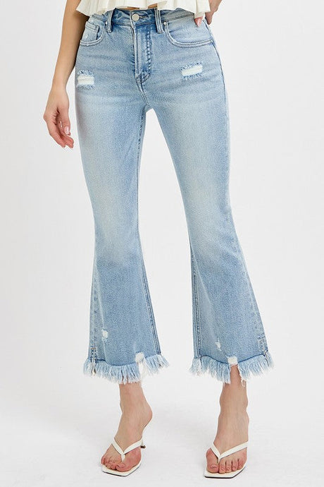 RISEN Full Size Raw Hem Distressed Cropped Flare Jeans Plus Size | Hanalas