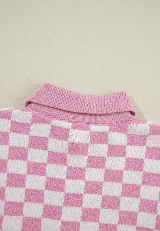 Checkered Collared Neck Long Sleeve Sweater | Hanalas