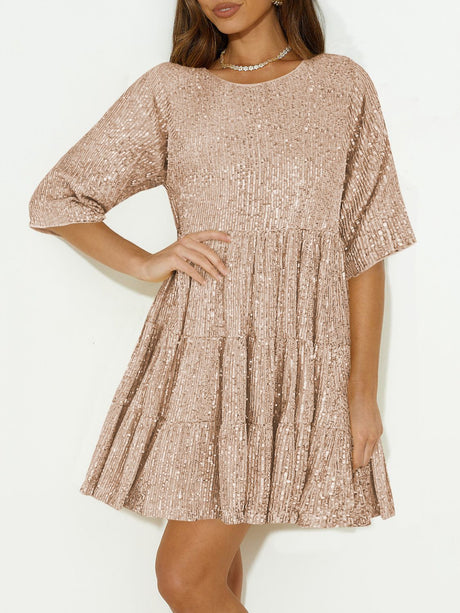 Sequin Round Neck Half Sleeve Mini Dress | Hanalas