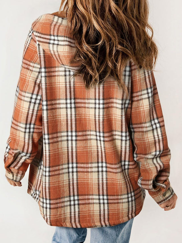 Plaid Snap Down Plush Hooded Jacket | Hanalas