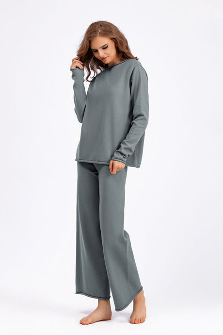 Basic Bae Rolled Round Neck Top and Pants Sweater Set Trendsi Hanalas