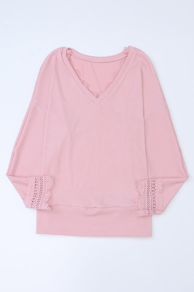 Lace Detail V-Neck Long Sleeve T-Shirt | Hanalas