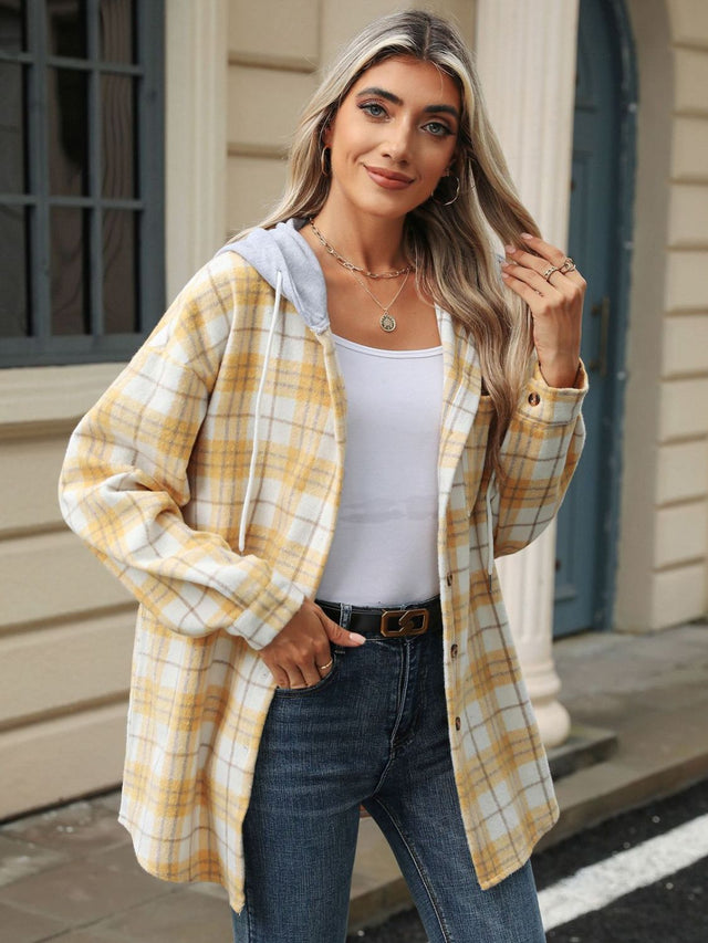 Drawstring Plaid Button Up Hooded Jacket Trendsi Hanalas