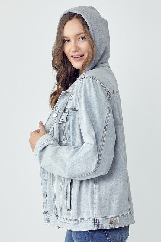 RISEN Full Size Distressed Drawstring Hooded Denim Jacket Trendsi Hanalas