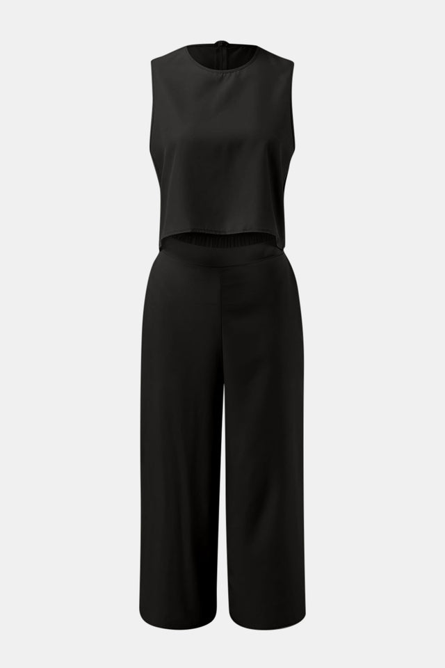 Round Neck Top and Wide Leg Pants Set | Hanalas