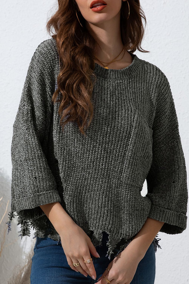 Distressed Round Neck Drop Shoulder Sweater | Hanalas