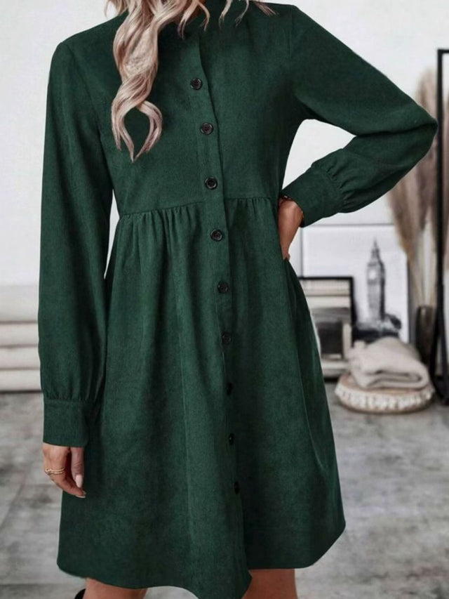 Ruched Button Up Long Sleeve Dress | Hanalas