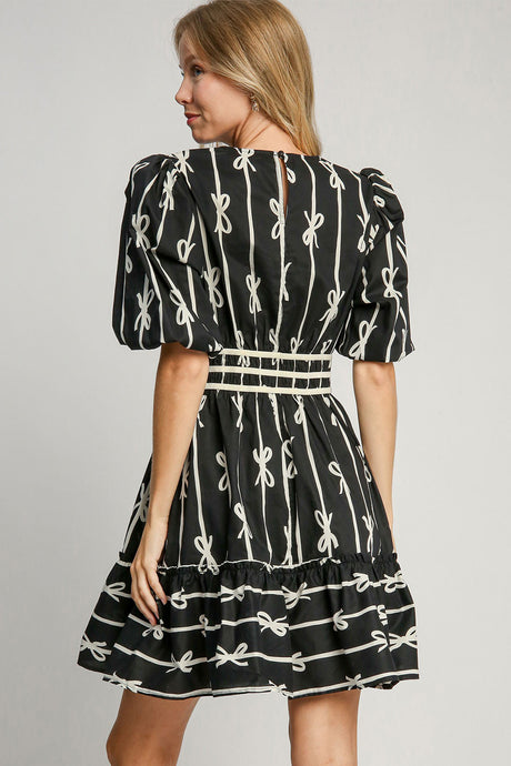 Umgee Ribbon Print Frill Contrast Velvet Trim Half Sleeve Dress | Hanalas