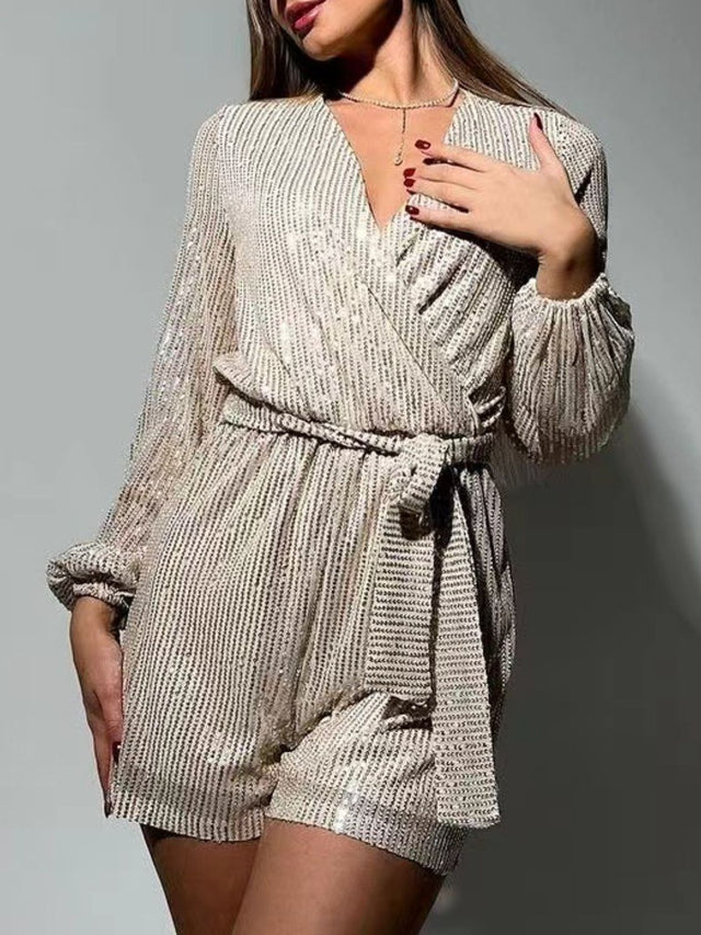 Full Size Sequin Surplice Tie Waist Long Sleeve Romper | Hanalas