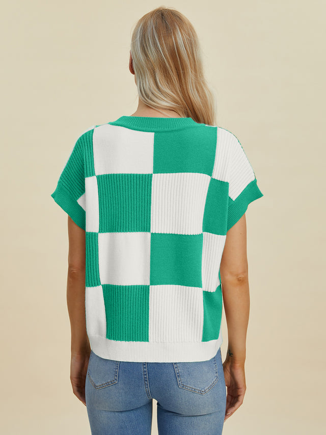 Double Take Full Size Checkered Round Neck Short Sleeve Sweater Trendsi Hanalas