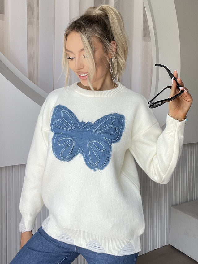 Butterfly Round Neck Long Sleeve Sweater | Hanalas