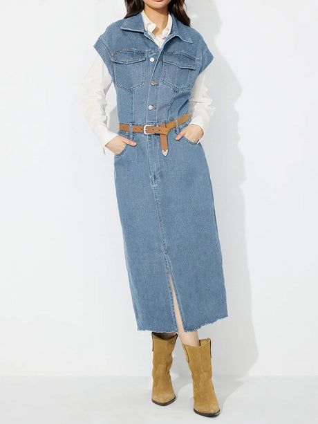 Slit Half Button Collared Neck Cap Sleeve Denim Dress Trendsi Hanalas