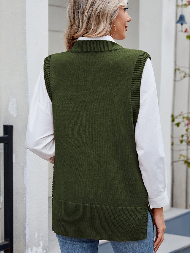 Buttoned Round Neck Sweater Vest | Hanalas