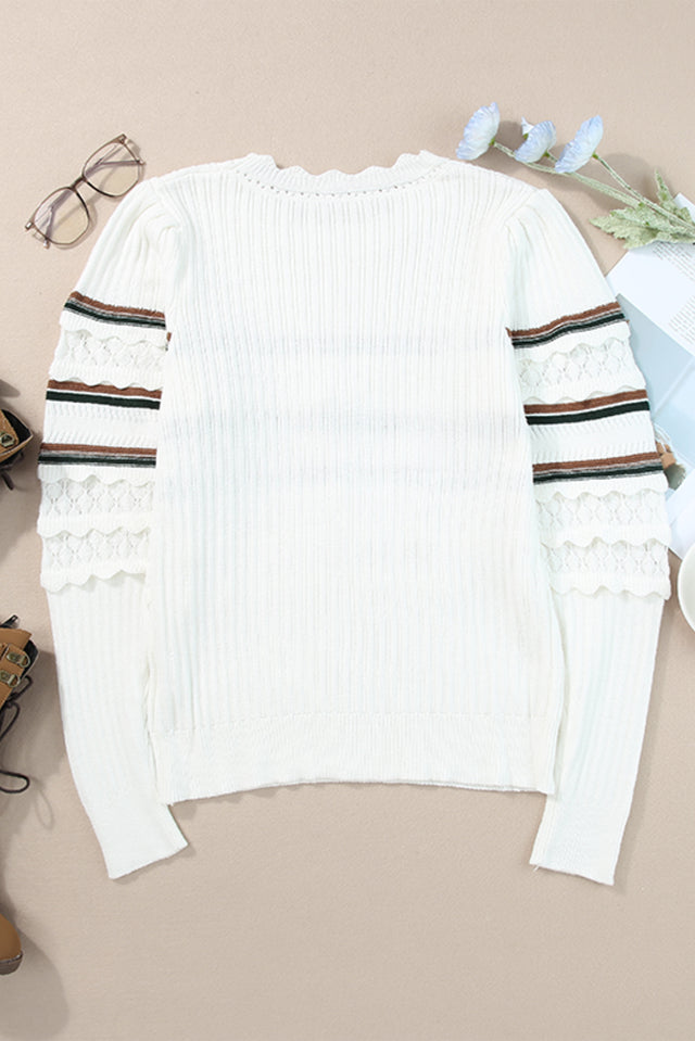 Striped Hollow Out Round Neck Long Sleeve Sweater | Hanalas