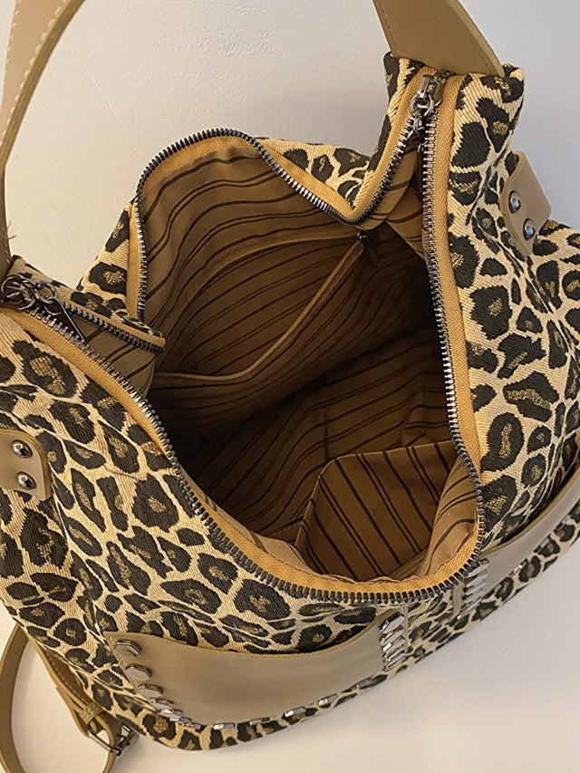 Leopard Polyester Shoulder Bag with Zippers Trendsi Hanalas