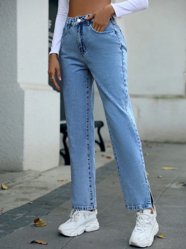 Side Slit High Waist Straight Jeans | Hanalas