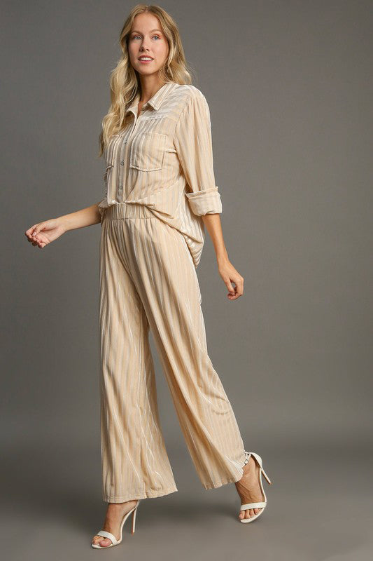 Umgee Elastic Waist Striped Wide Leg Velvet Pants | Hanalas