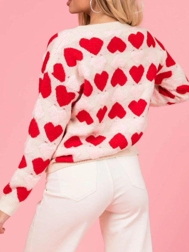 Valentine’s Day Fuzzy Heart Round Neck Long Sleeve Sweater | Hanalas