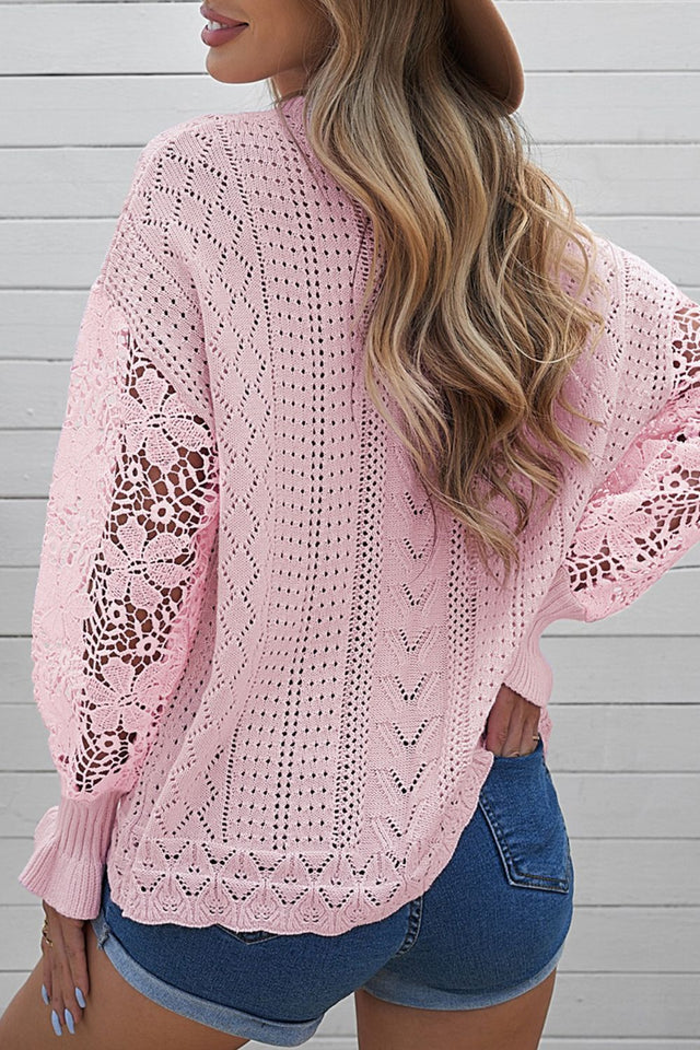 Openwork Round Neck Long Sleeve Sweater | Hanalas