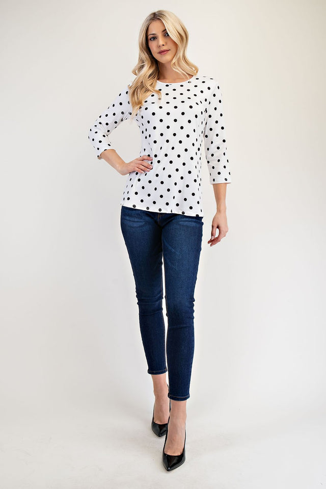 Celeste Full Size Polka Dot Round Neck Three-Quarter Sleeve T-Shirt | Hanalas