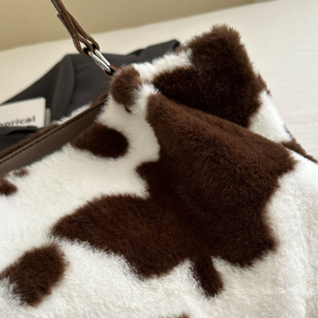 Cow Print Furry Tote Bag Trendsi Hanalas