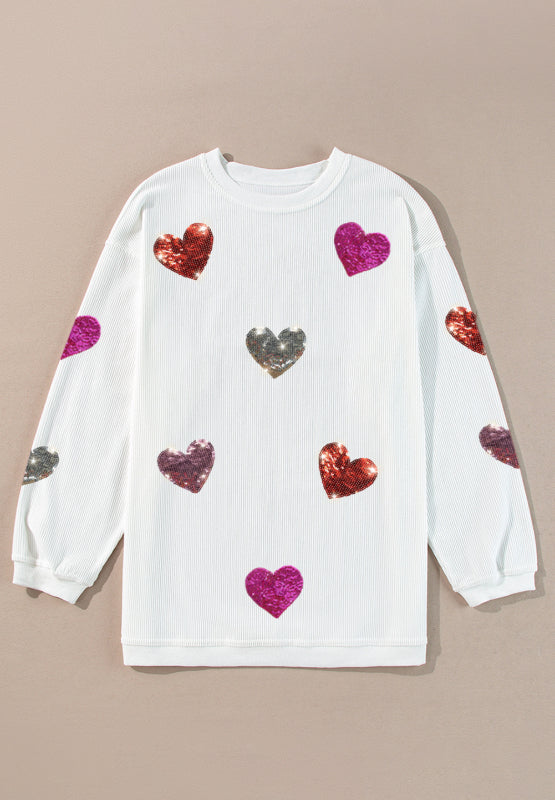 Valentine’s Day Sequin Heart Round Neck Long Sleeve Sweatshirt | Hanalas