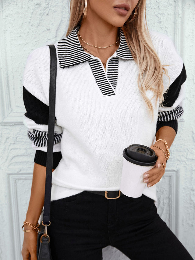 Striped Johnny Collar Drop Shoulder Sweater | Hanalas