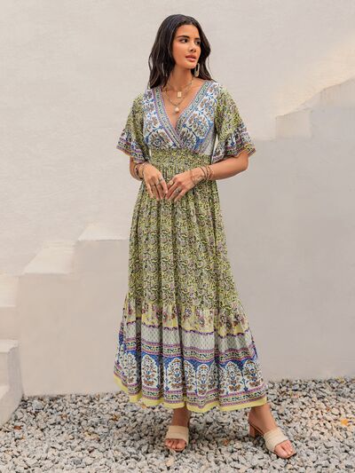 Ruched Printed Flounce Sleeve Maxi Dress | Hanalas