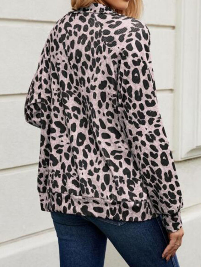 Full Size Leopard Collared Neck Zip Up Jacket | Hanalas