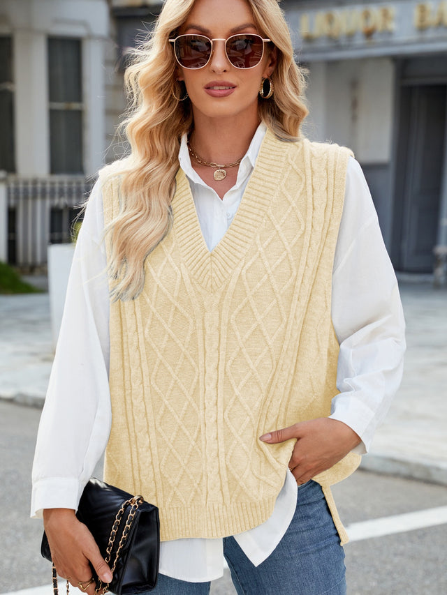 Cable Knit V-Neck Sweater Vest Trendsi Hanalas