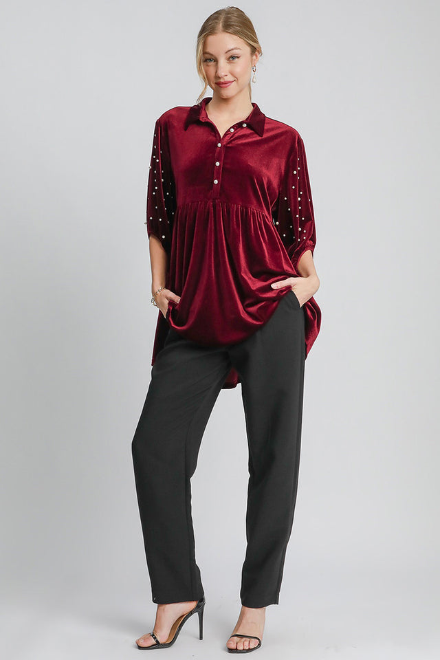 Umgee Pearl Detail Collared Neck Velvet Babydoll Blouse | Hanalas