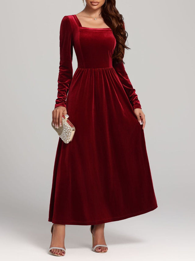 Velvet Square Neck Long Sleeve Dress | Hanalas