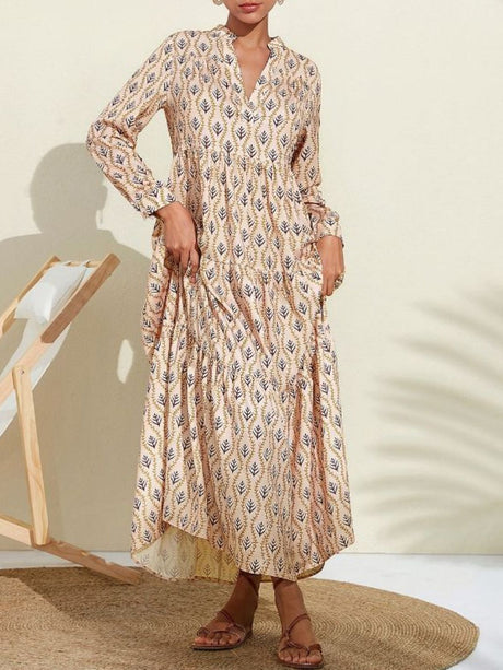 Printed Notched Long Sleeve Midi Dress Trendsi Hanalas