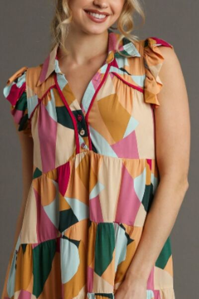 Umgee Full Size Button Detail Ruffle Sleeve Mini Dress Plus Size | Hanalas