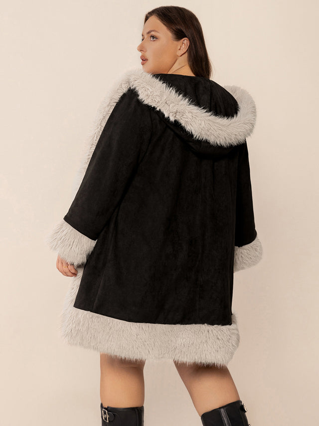 Plus Size Fuzzy Trim Open Front Long Sleeve Hooded Coat Trendsi Hanalas