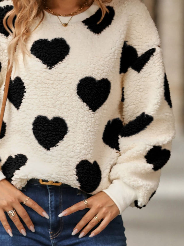 Fuzzy Heart Dropped Shoulder Sweatshirt | Hanalas