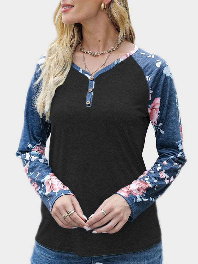 V-Neck Floral Long Sleeve T-Shirt | Hanalas