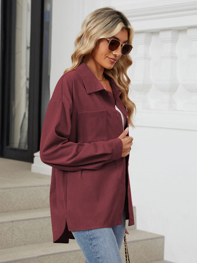 Button Up Long Sleeve Shirt with Breast Pockets Trendsi Hanalas