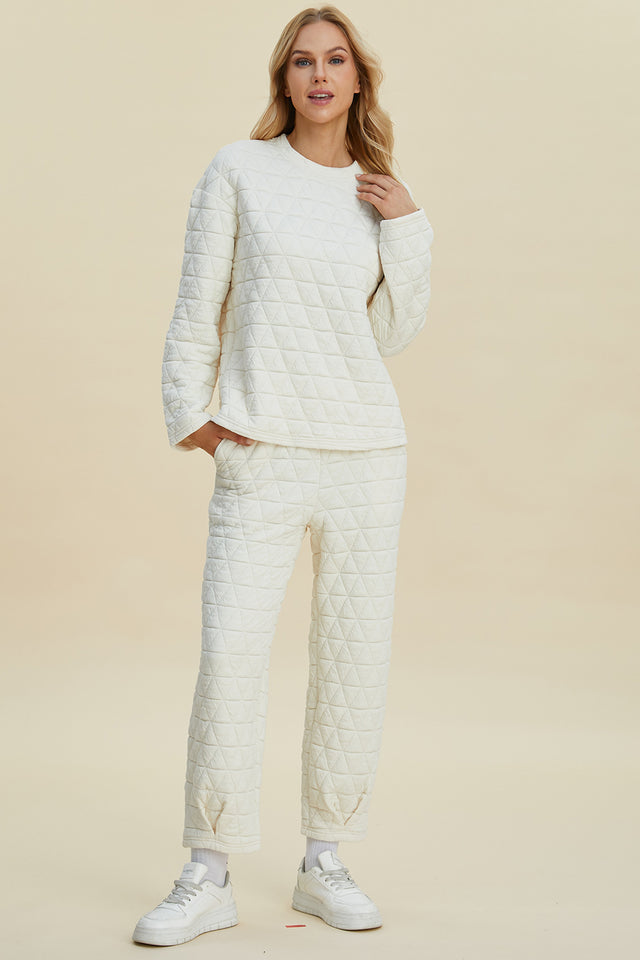 Double Take Full Size Texture Round Neck Long Sleeve Top and Pants Set | Hanalas