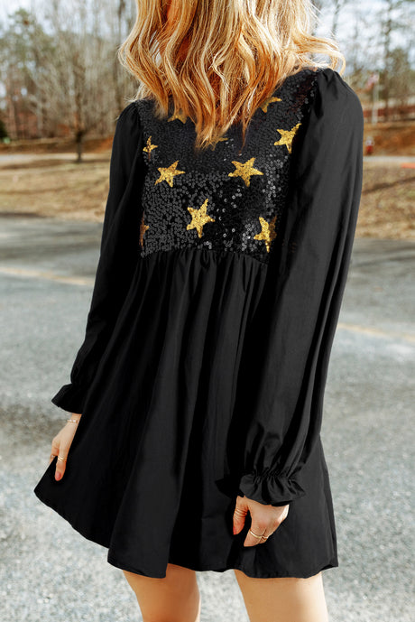 Sequin Star Round Neck Flounce Sleeve Mini Dress