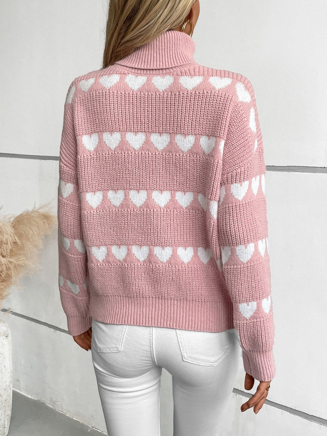 Heart Turtleneck Dropped Shoulder Sweater | Hanalas