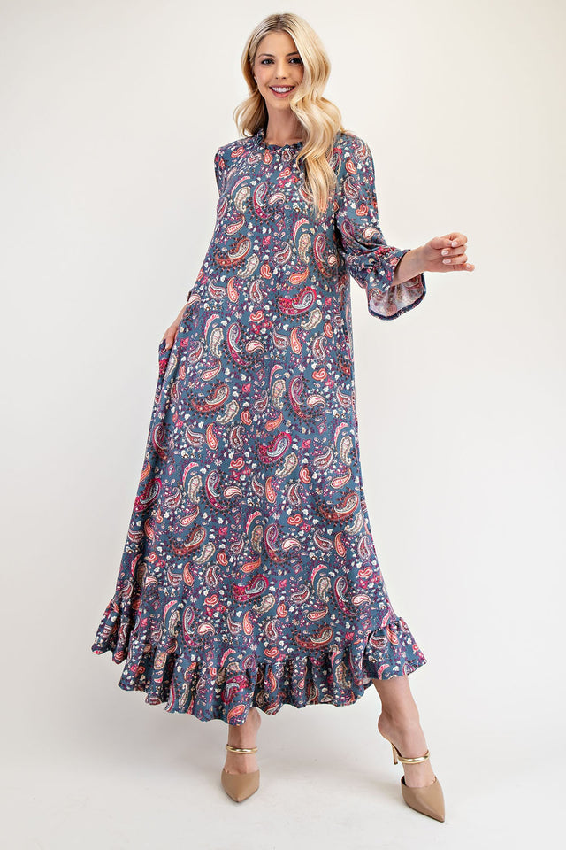 Celeste Full Size Ruffle Hem Paisley Round Neck Dress | Hanalas