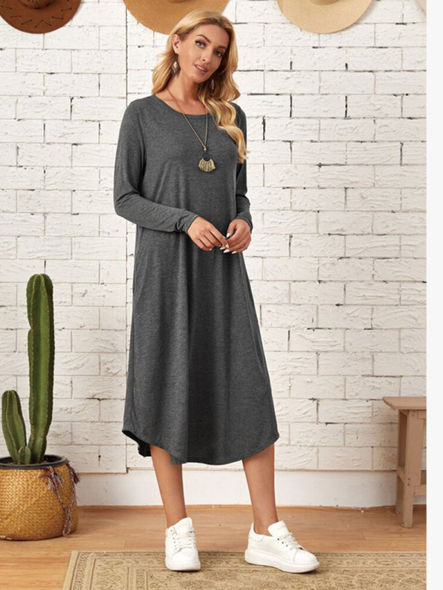 Pocketed Round Neck Long Sleeve Tee Dress - Hanalas