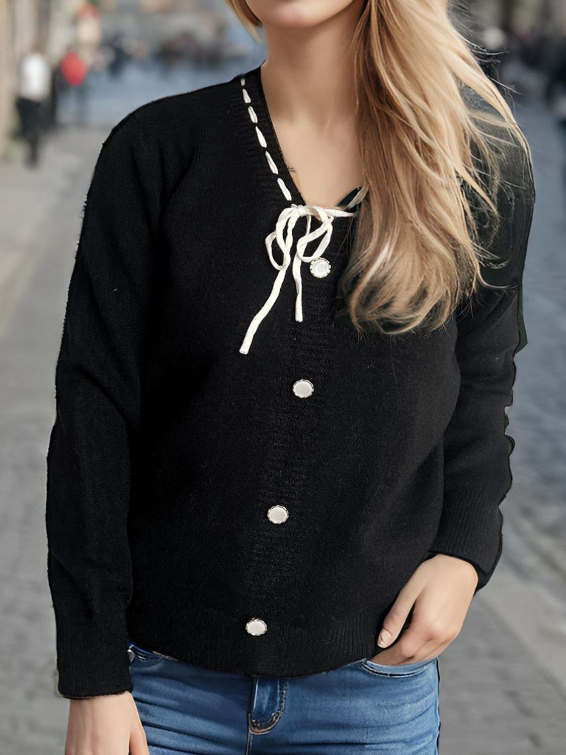 Tied V-Neck Long Sleeve Sweater