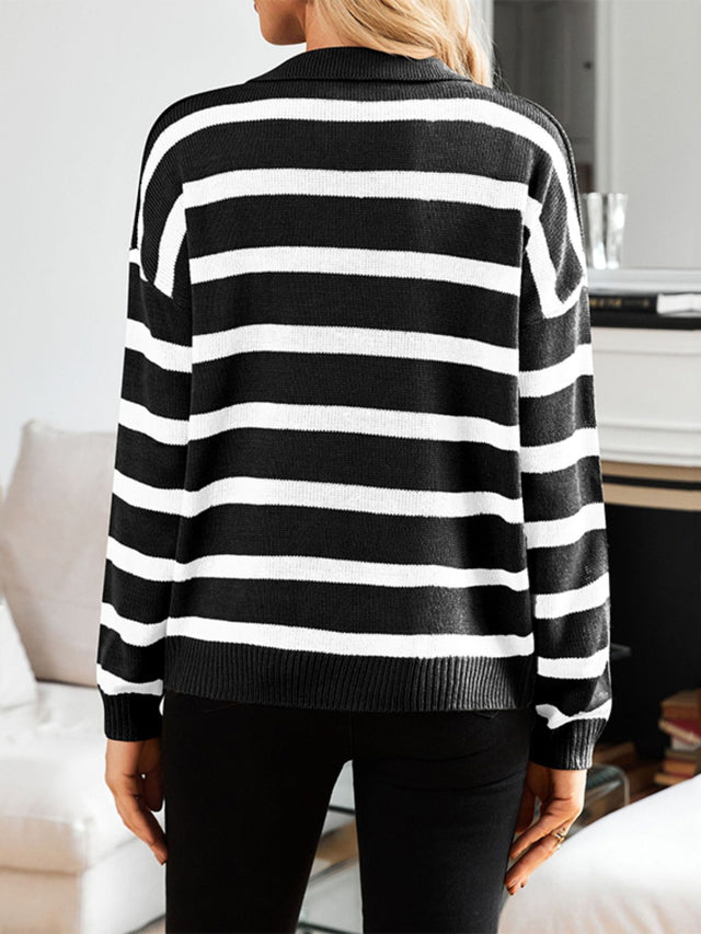 Striped Johnny Collar Long Sleeve Sweater Trendsi Hanalas