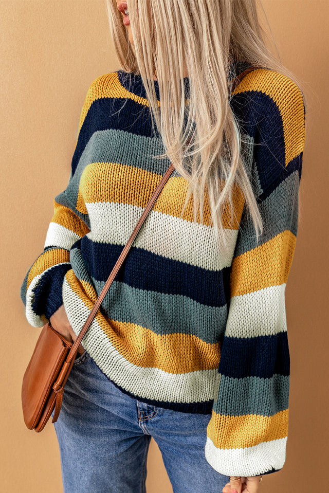 Color Block Round Neck Dropped Shoulder Sweater | Hanalas