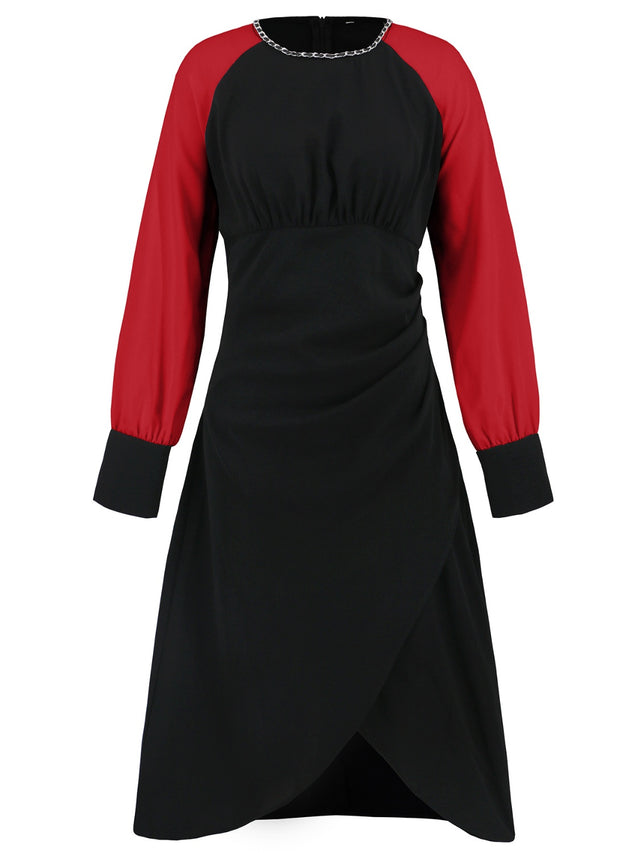 Ruched Contrast Long Sleeve Midi Dress