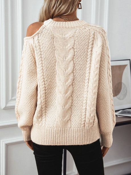 Cable Knit Round Neck Cold Shoulder Sweater Trendsi Hanalas